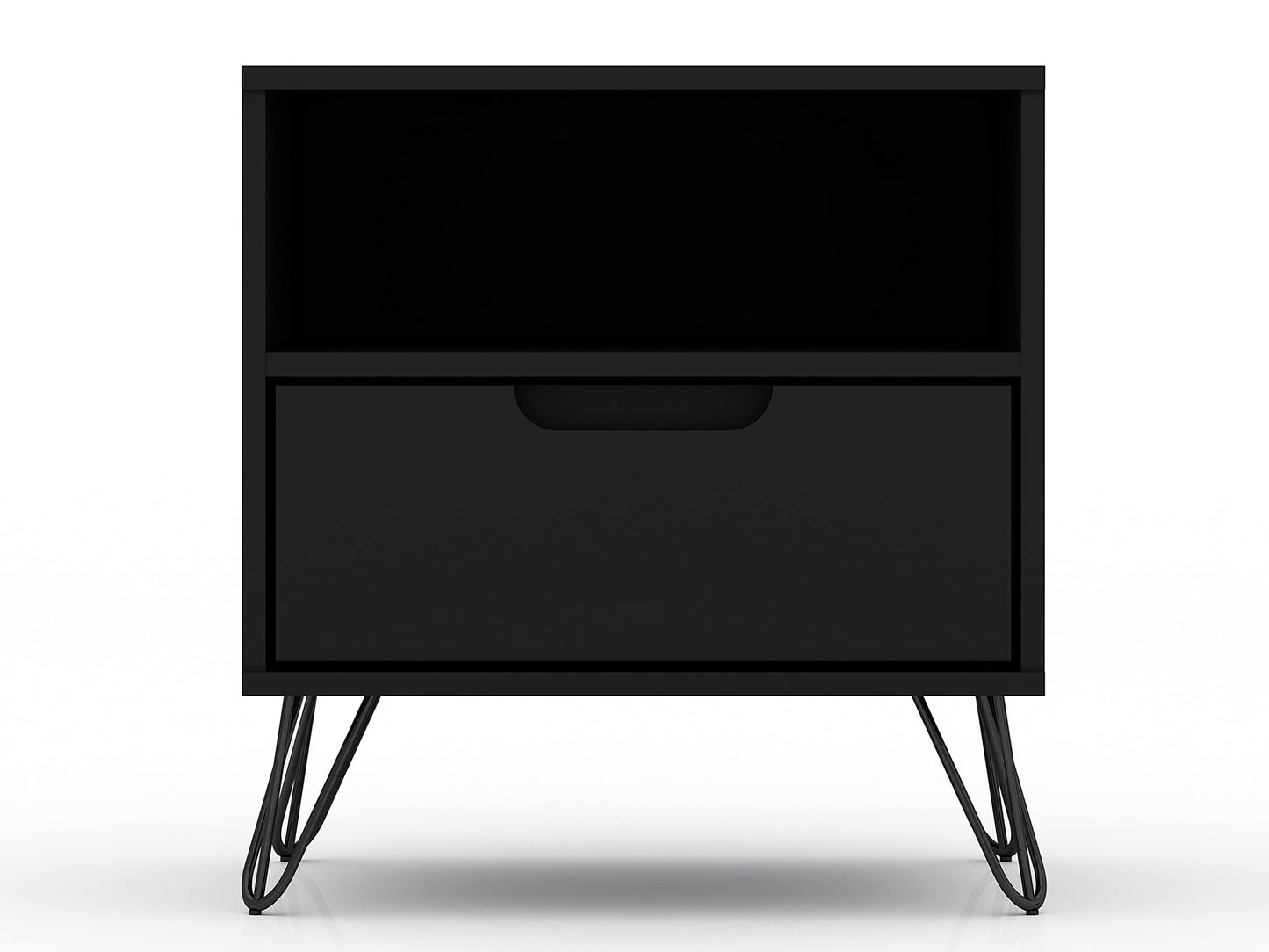 Manhattan Comfort Rockefeller Nightstands Set of 2 with Drawer and Cubby, Ideal for Bedroom and Living Room, Bedside Table with Mid Century Modern Design, Functional Storage Organizer, Black