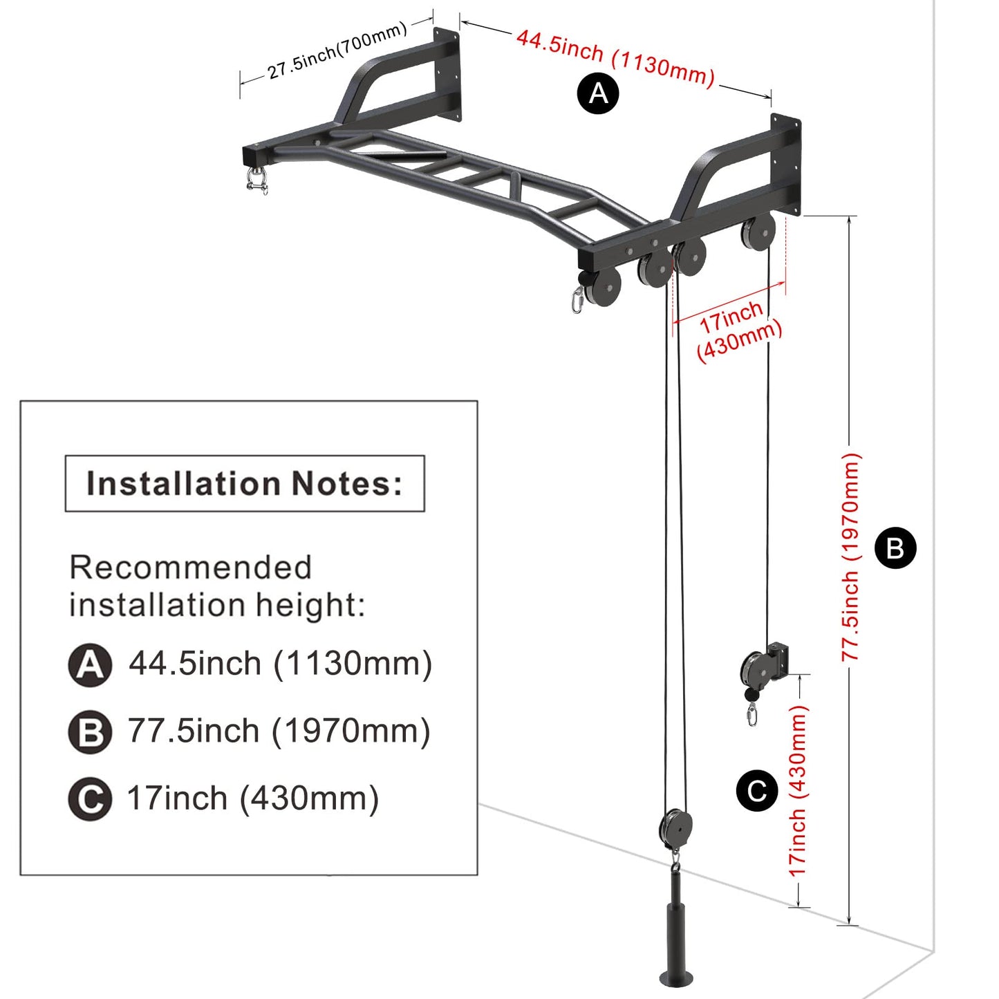 SELEWARE 48'' Heavy Duty Pull Up Bar Wall Mount Multi-function Chin up Bar with Home Gym Cable Pulley System LAT Pulldown Workout Attachments Heavy Bag Hanger