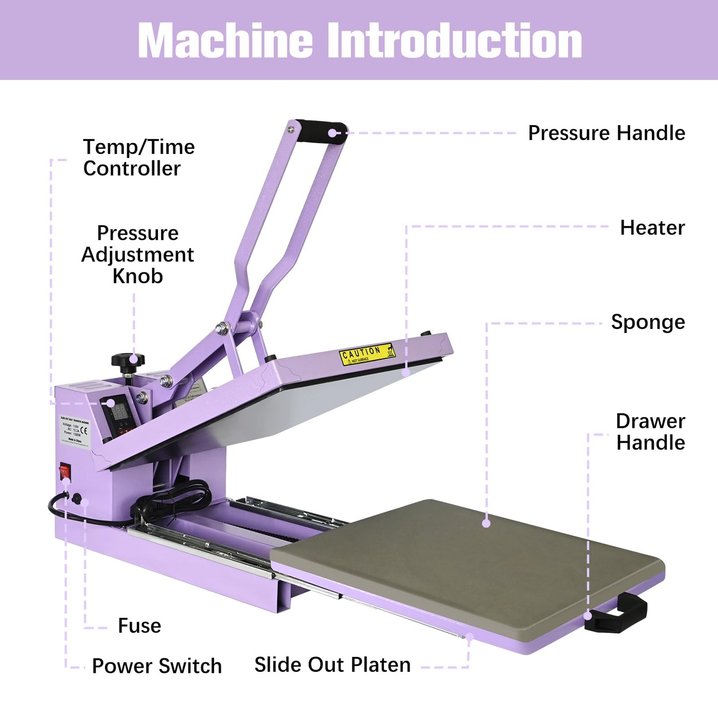 PlanetFlame 15x15 Sublimation Heat Press for T-Shirts, Purple