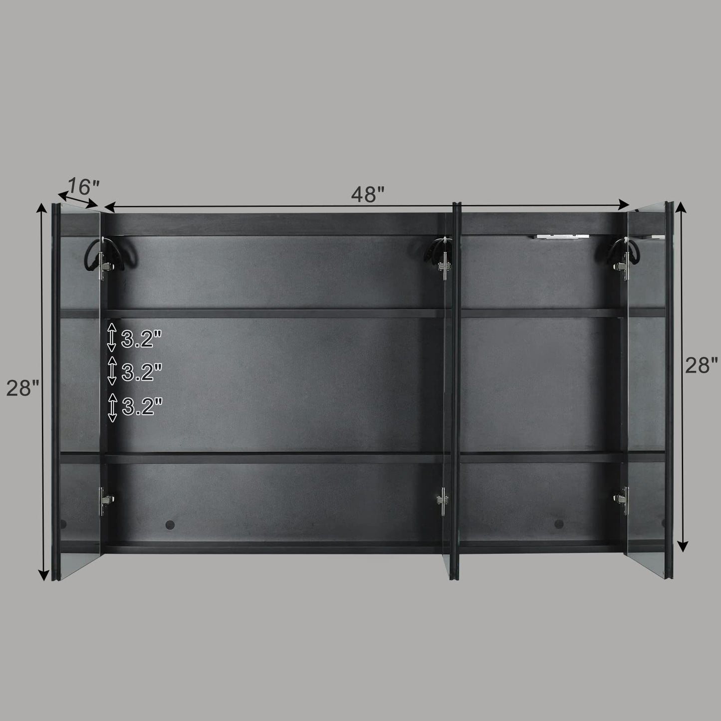 Karl home Black LED Mirror Medicine Cabinet, 48x28 Inch 3 Door Bath Cabinet
