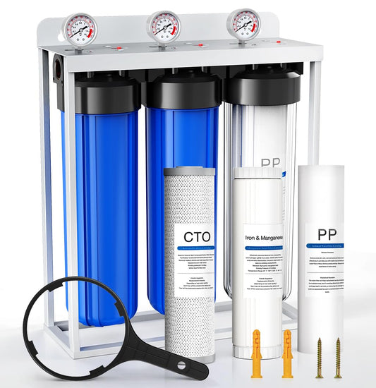 Whole House Water Filter System,Iron Manganese Filter,Top-Tier 3 Stage Water Purifier with Sediment & Carbon Filter,Deeply Adsorb 99% Stains Yellowing,Laundry,Lead,Arsenic,Metallic Taste,20x4.5Inch