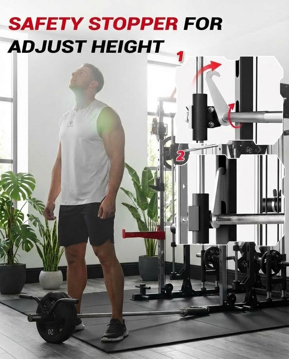 Smith Machine Home Gym All-in-1, 2200LBS Power Cage with Dual Cable Pulley Systems, LAT Pull-Down & Leg Hold-Down | Complete Strength Training Equipment for Full Body Workouts