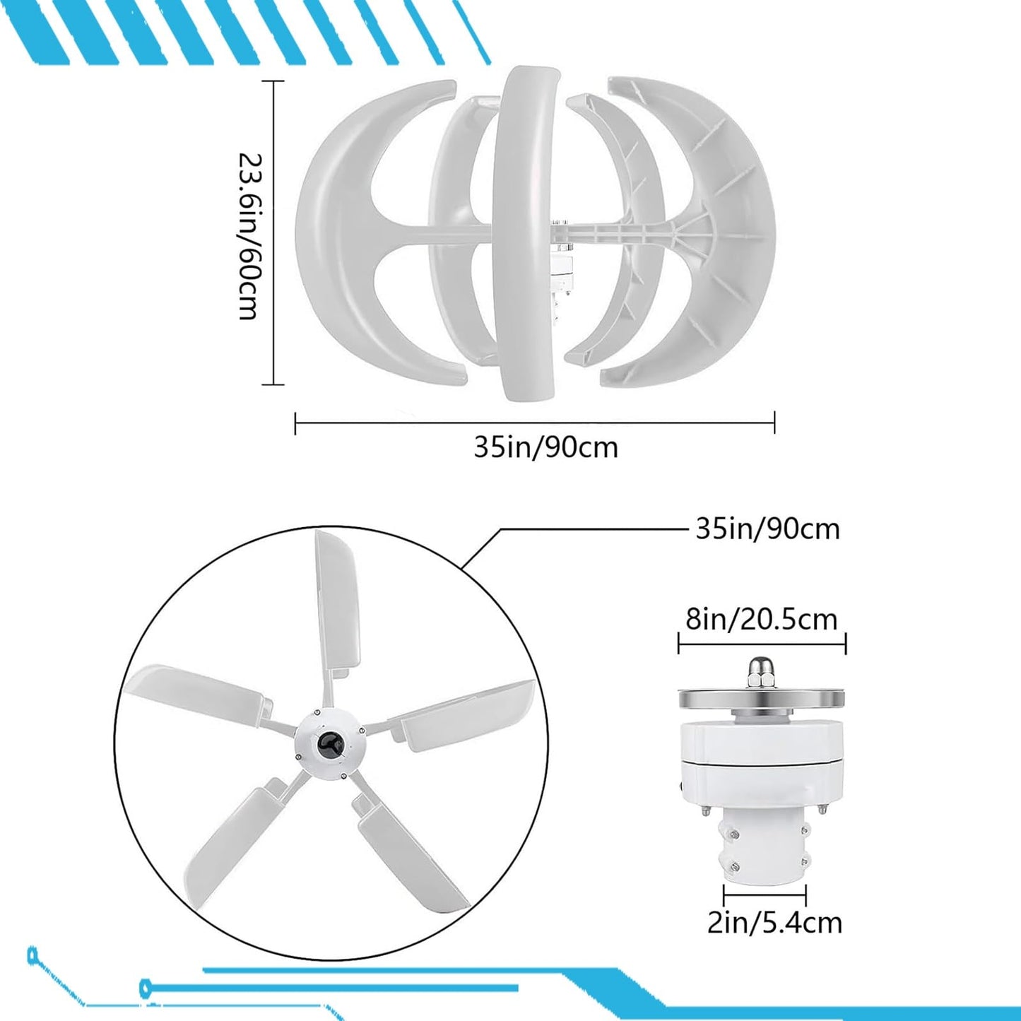 CLPYING Wind Turbine Generator Kit 16000W DC 12V 24V 48V Wind Turbine Vertical, Electricity Producer Equipment, Horizontal Wind Power Generator Kit Power Supplementation(White,48V)