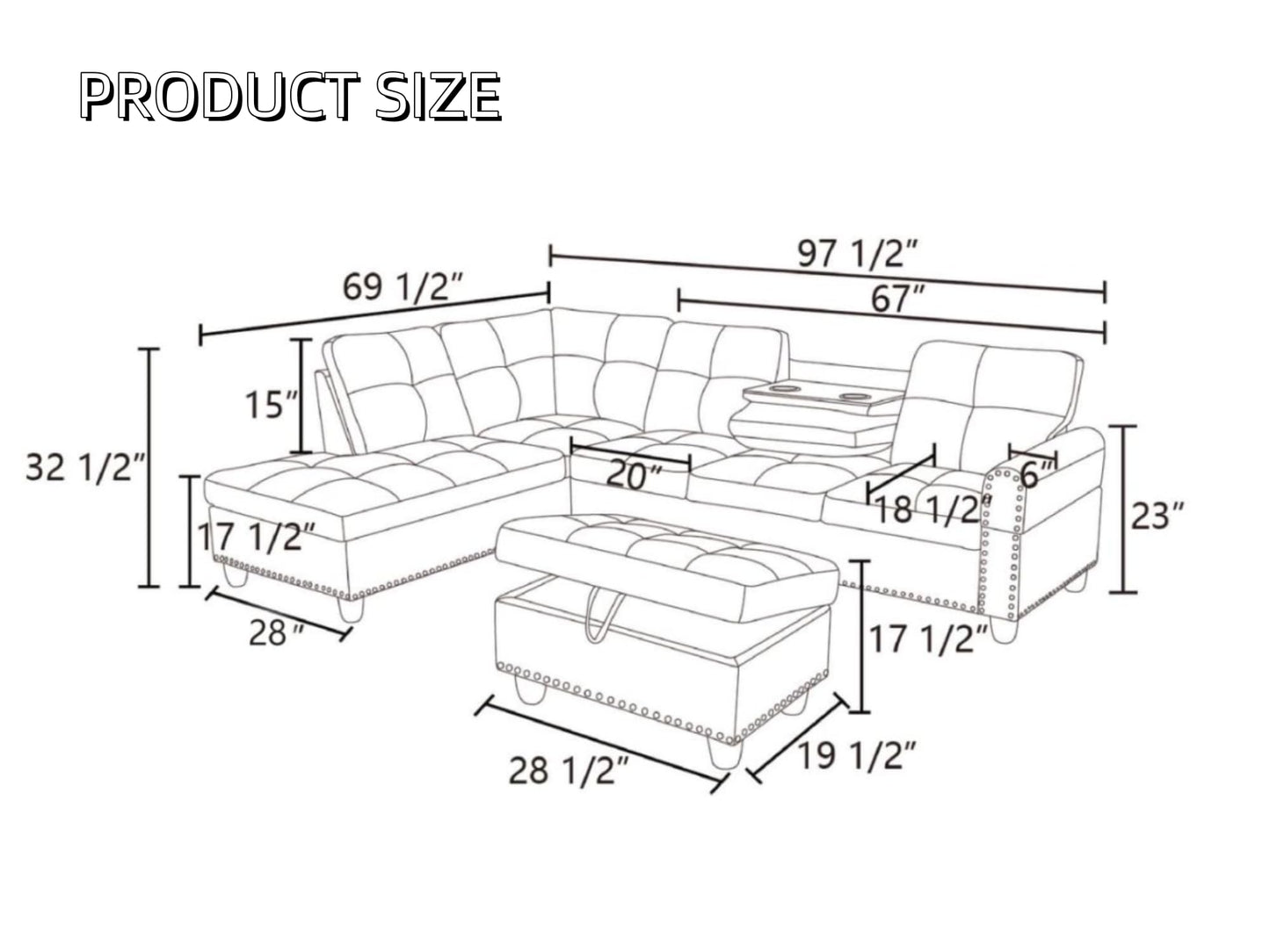 Trygoal Leather 3-Piece L-Shaped Couches for Living Room, Sectional Sofa with Storage Ottoman & Movable Chaise, Modular Convertible Couch for Bedroom & Apartment, Midnight Black