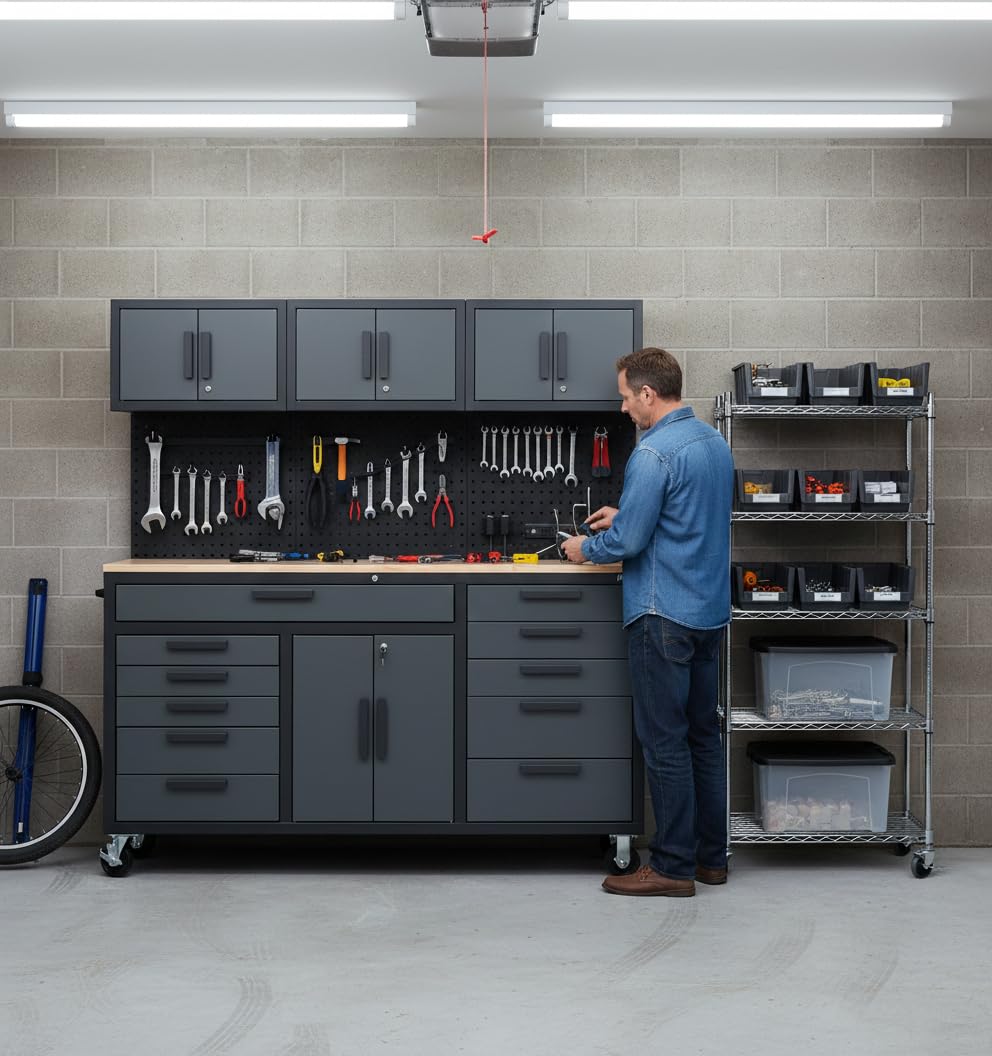 Tsnritor 72in Rolling Tool Chest Cabinet Mobile Garage Workbench Heavy-Duty Tool Cabinet on Wheels with 11 Drawers, 2-Door Cabinet, 3 Top Cabinet, Pegboard & Power Strip for Tool Organization