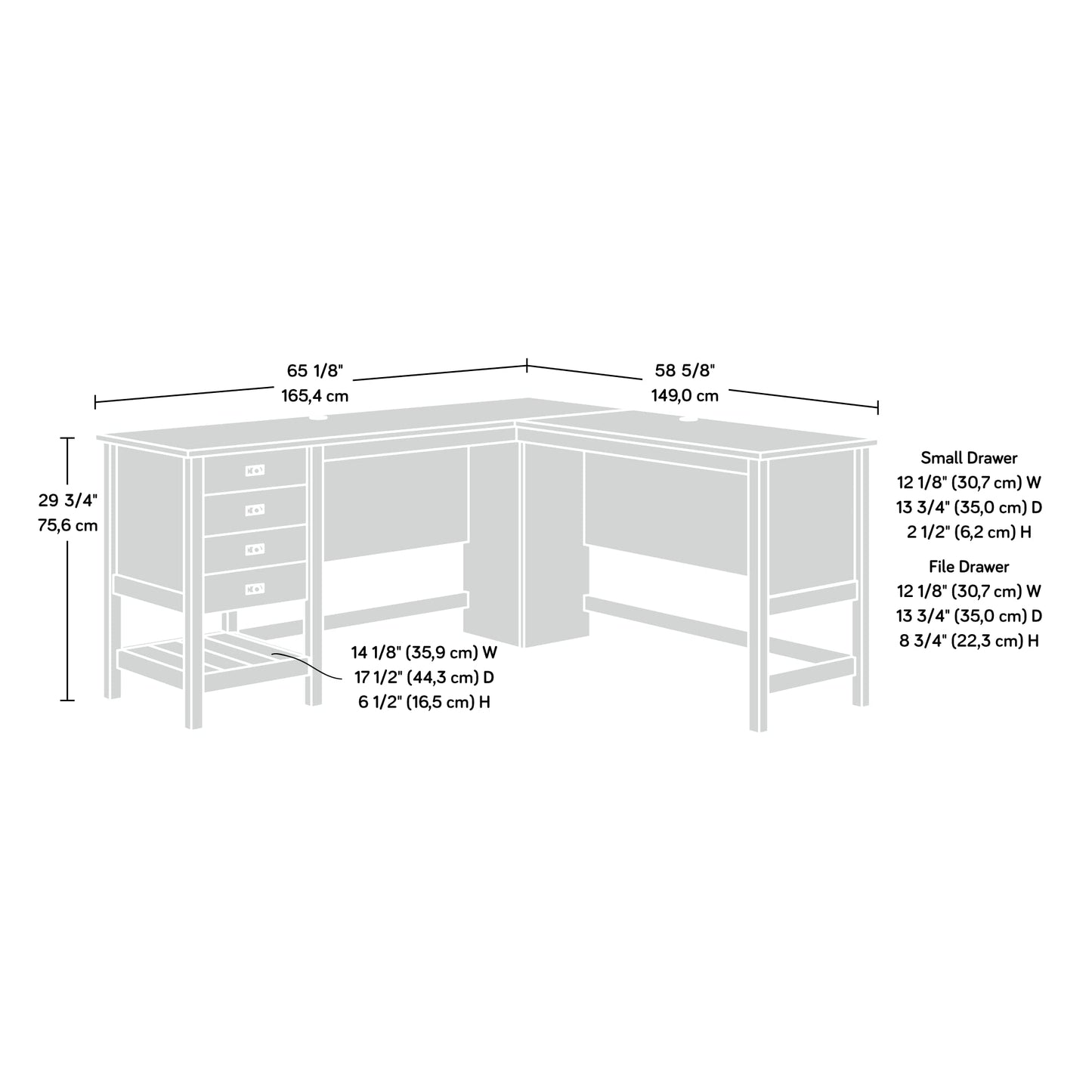 Sauder Cottage Road L Shaped Desk Computer Desk with Drawers, Home Office Desk with Optional File Cabinet Storage, Cable Management, in Mystic Oak Finish