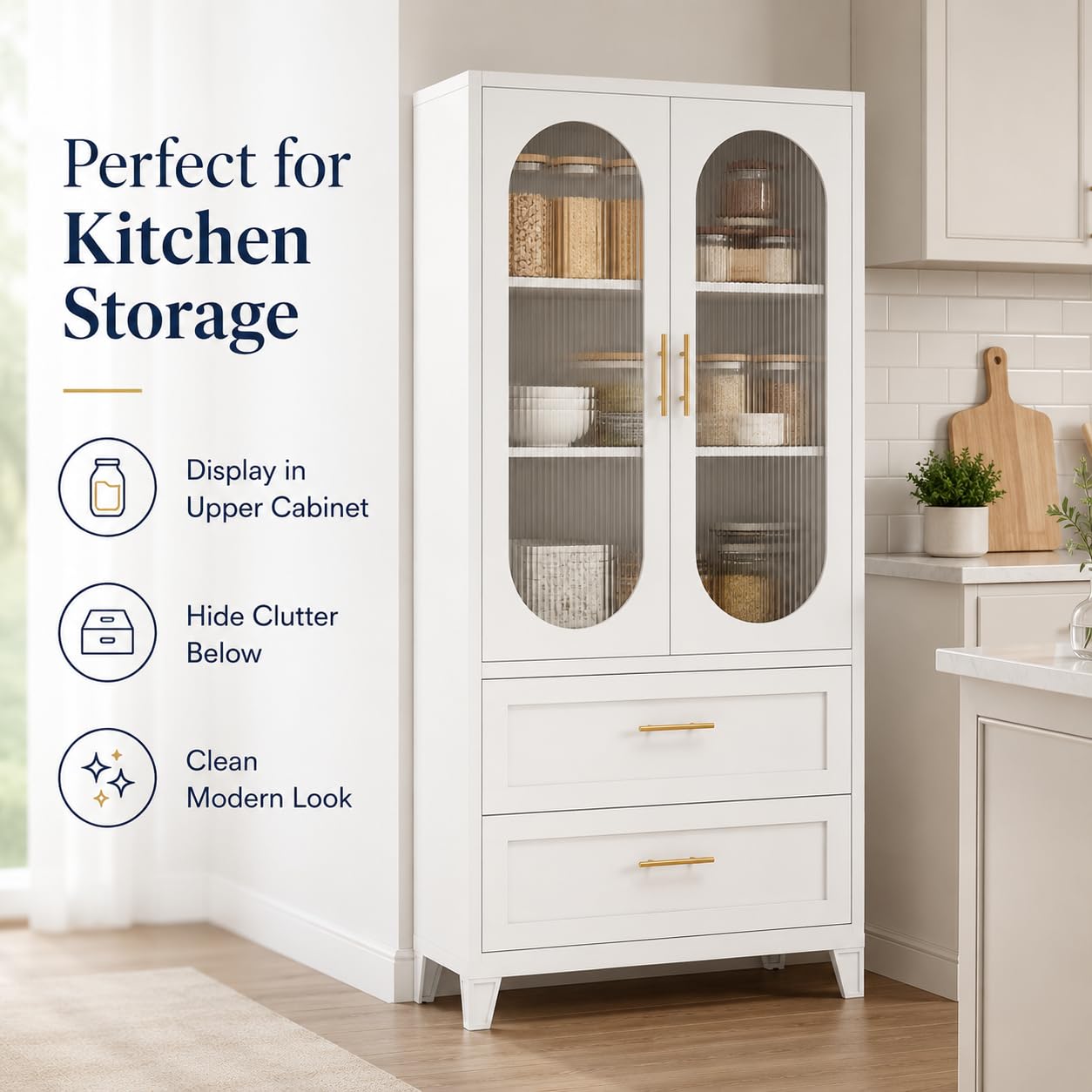 Garvee 74" H Storage Cabinet, Freestanding Pantry Cabinet, Frosted Glass Doors, Fluted Design, 4 Door Cabinet with Adjustable Shelf, Kitchen Bathroom Dining Room Living Room Office, White