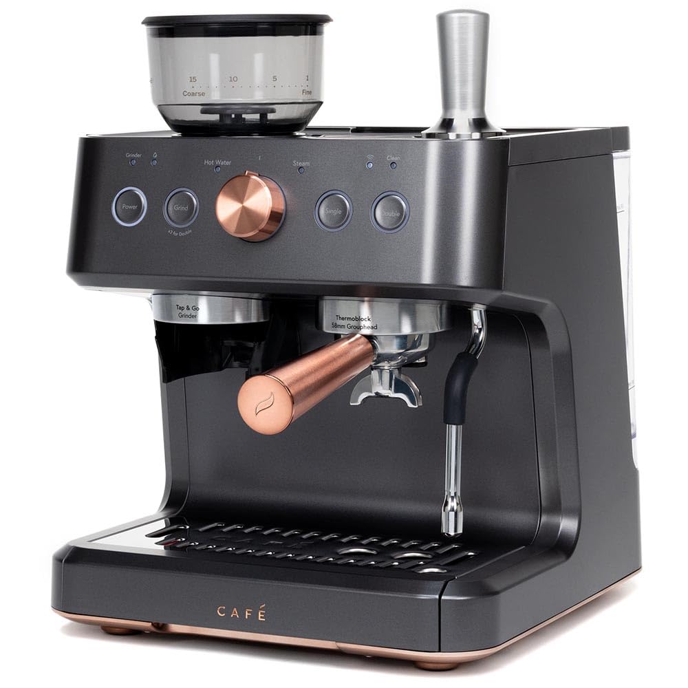 Café Bellissimo Semi Automatic Espresso Machine with Grinder & Milk Frother | Copper Accents | WiFi App Control | Large 95oz Tank | Matte Black
