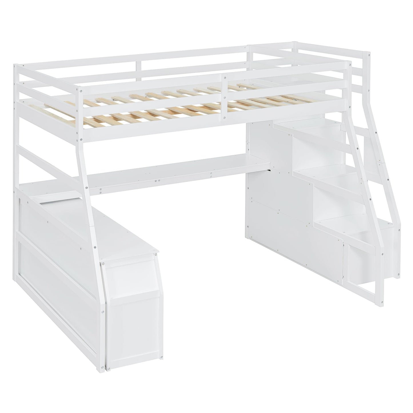 Su & Chan Legence Full Size Bed with Pinewood Frame and Desk, Loft Bed with 7 Drawers and 2 Shelves, Natural Wood Grain Look, White