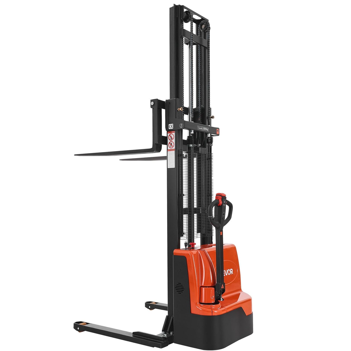 VEVOR Full Electric Pallet Stacker, 3300 lbs Load Capacity, 130'' Max Lifting Height, Pallet Lift Stacker Forklift with Straddle Legs & Forks, 8.66-31.1 Inches Adjustable Fork Width, Orange & Black