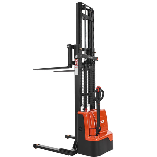 VEVOR Full Electric Pallet Stacker, 3300 lbs Load Capacity, 130'' Max Lifting Height, Pallet Lift Stacker Forklift with Straddle Legs & Forks, 8.66-31.1 Inches Adjustable Fork Width, Orange & Black