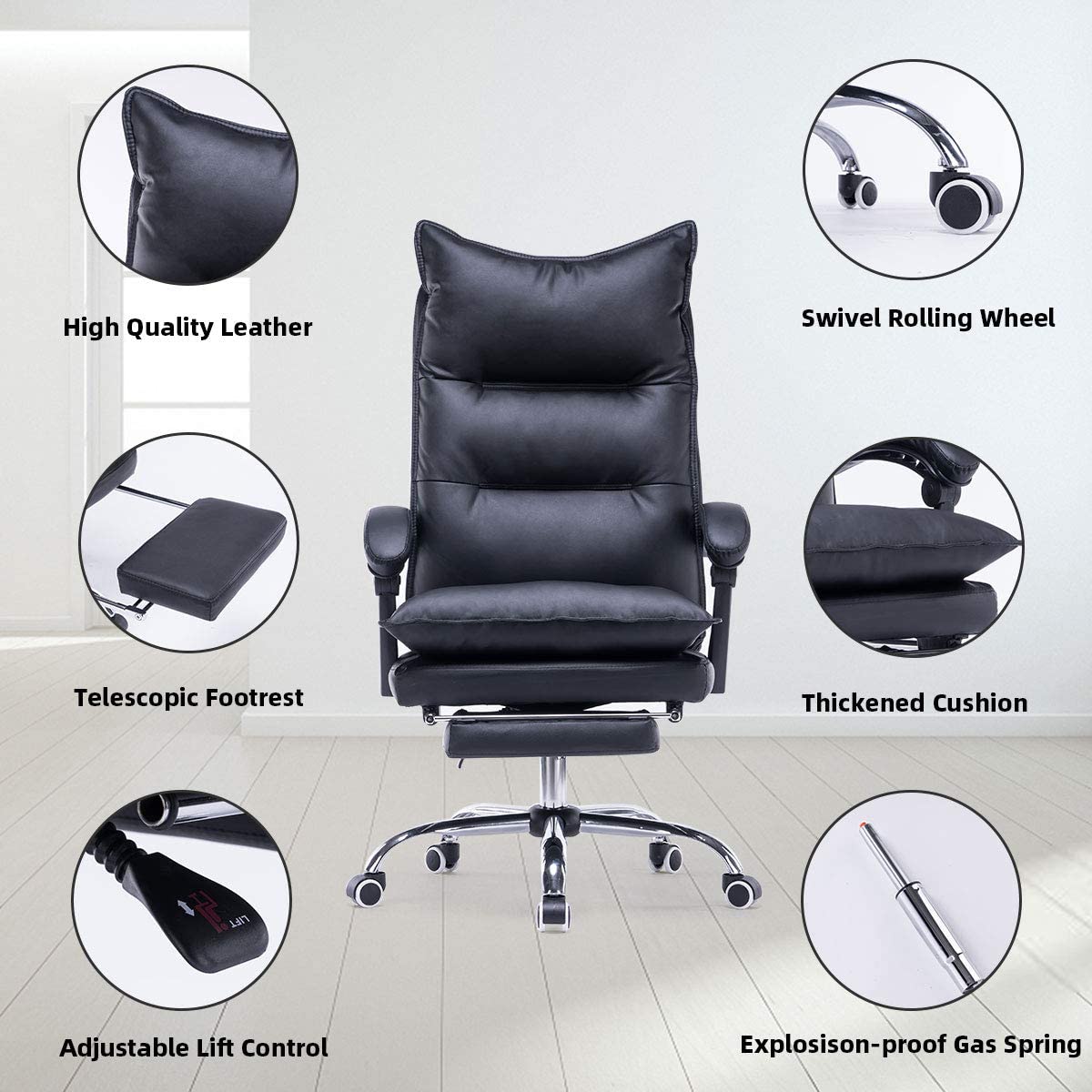 YOLENY Big and Tall Office Chair, Height-Adjustable Reclinable Ergonomic Swivel High Back Office Chair, Leather Office Chair with Foot Rest, Supports Up to 350 lbs, Black