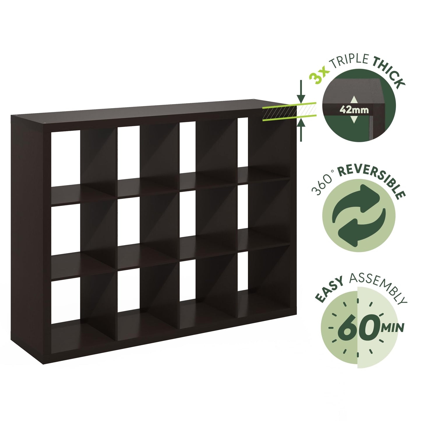 Furinno Cubicle Book Shelf, 12-Cube Bookshelf, Triple Thick Frame Cube Storage Organizer Bookcase, 1.65" Thick, 15.3 x 57.4 x 43.3, for Living Room, Bedroom, Home Office, Black Dark Oak