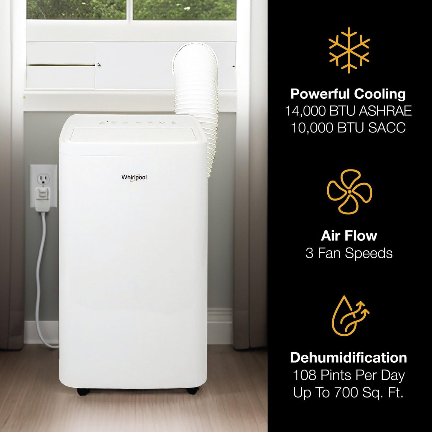 Whirlpool 14,000 BTU Portable Air Conditioner with Dehumidifier for Living Room, Apartment, or Bedroom, 115V, Portable AC for Large Rooms up to 700 Square Feet with Remote, 3 Speeds, and Timer, White