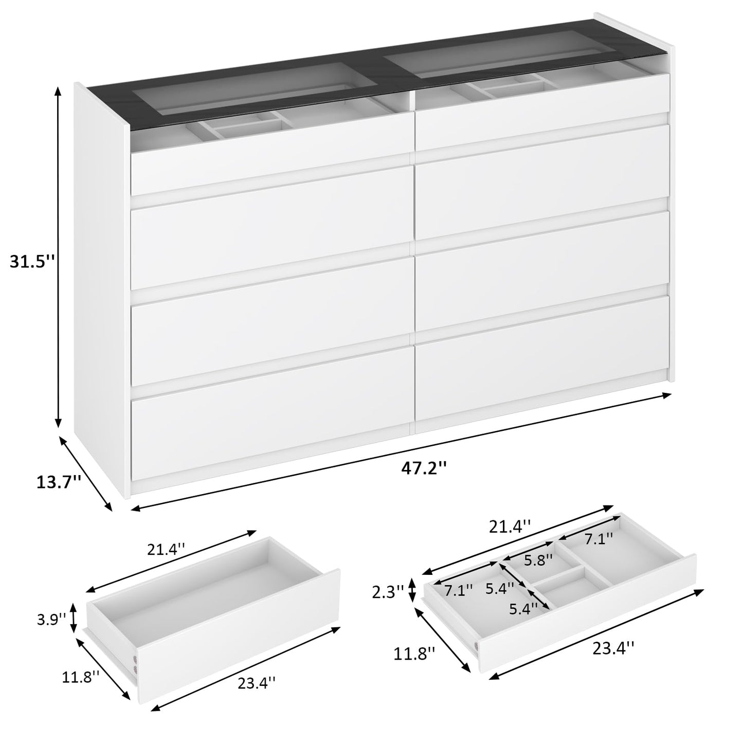 ZORPLIX White 8 Drawer Dresser for Bedroom, Modern Chest of Drawers, Jewelry Dresser Display with Glass Top and LED Light, Dressers Organizer for Bedroom, Closet, Living Room