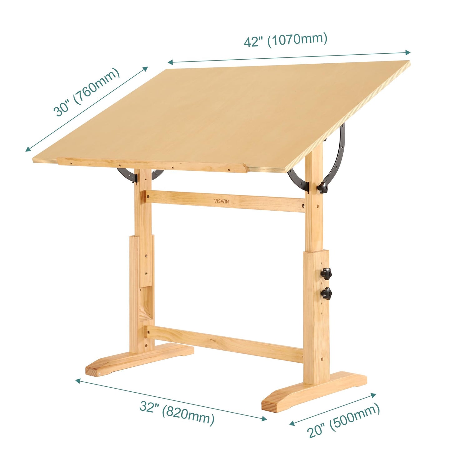 VISWIN Wood Drafting Table for Adults, 30" X 42" Extra-Large Drawing Table with Adjustable Height & Angle for Art Studio, Solid Pine Wood Artist Desk for Drawing, Drafting, Writing, Reading