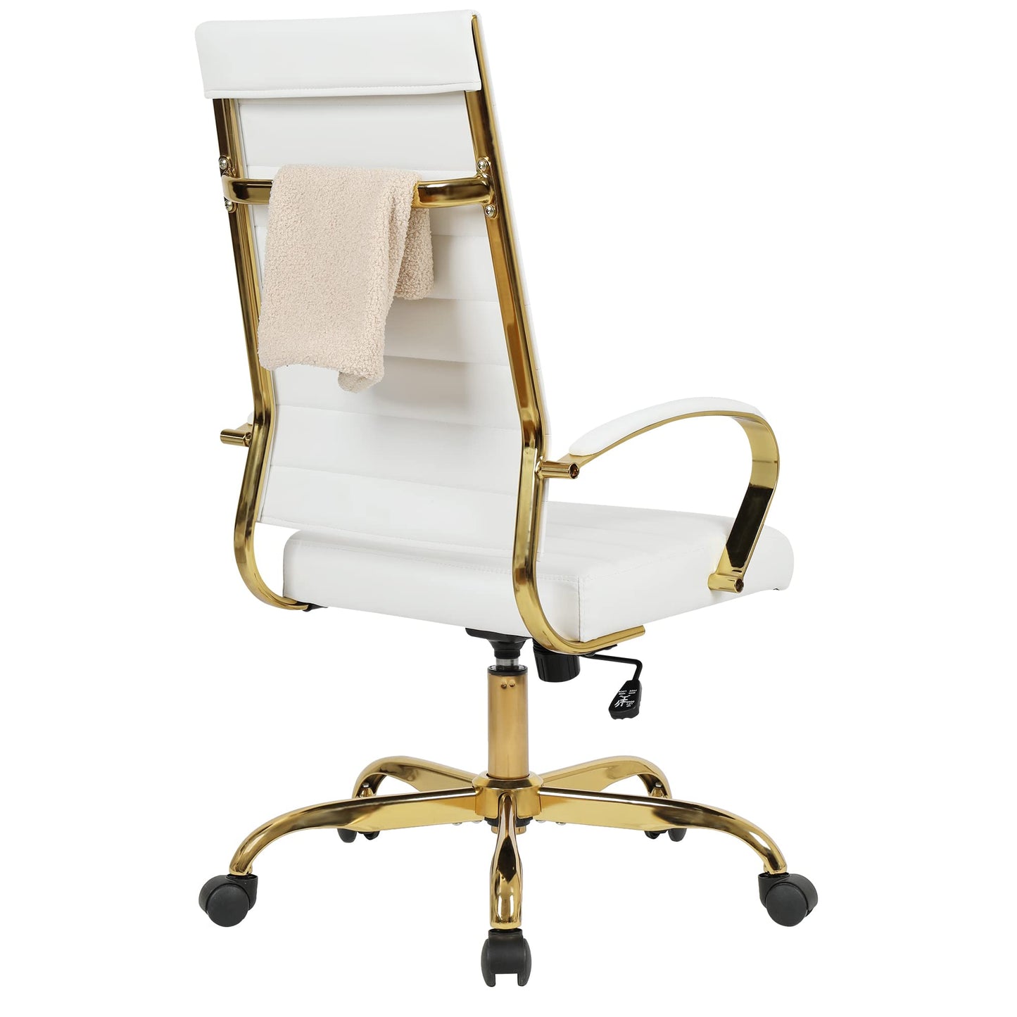 LANDSUN Home Office Chair High Back Executive Chair Ribbed PU Leather Computer Desk Chair with Armrests Soft Padded Adjustable Height Swivel Conference Gold Frame White