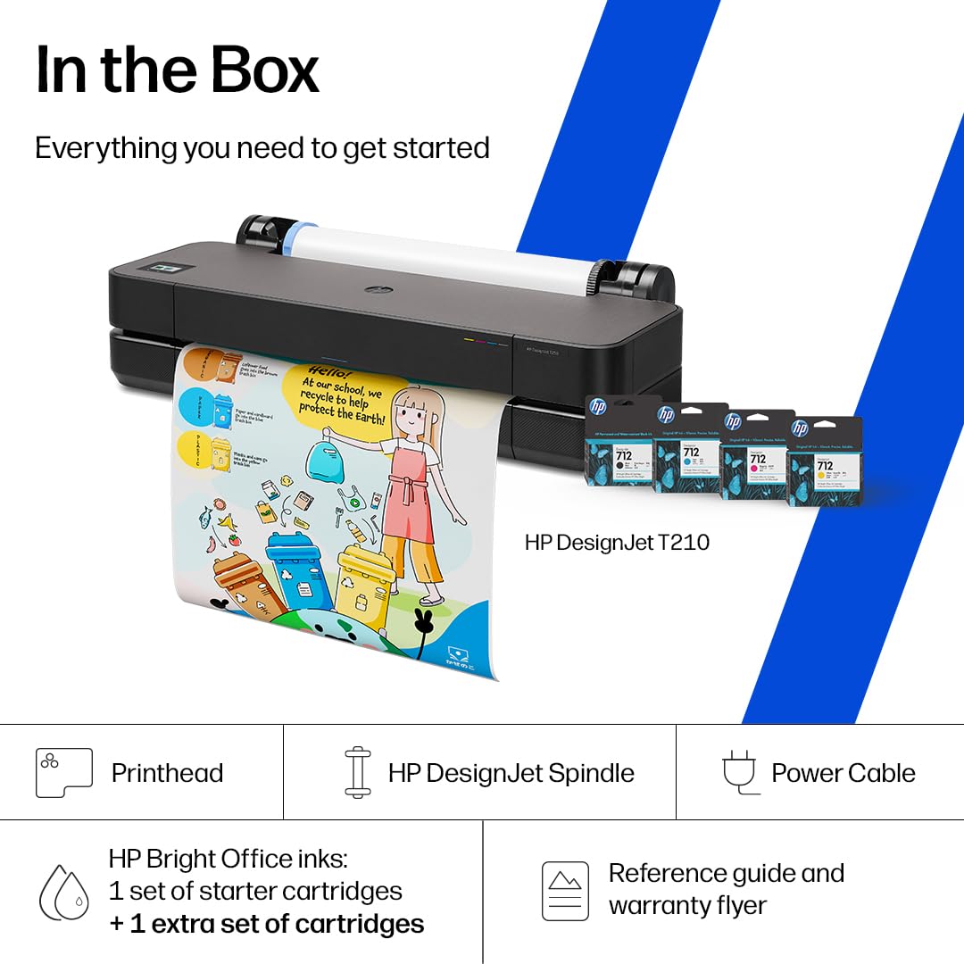 HP DesignJet T210 Large Format 24-inch Poster Printer, for Easy Poster & CAD Printing. Includes up to 1-Year of Ink (8AG32L) - New Model