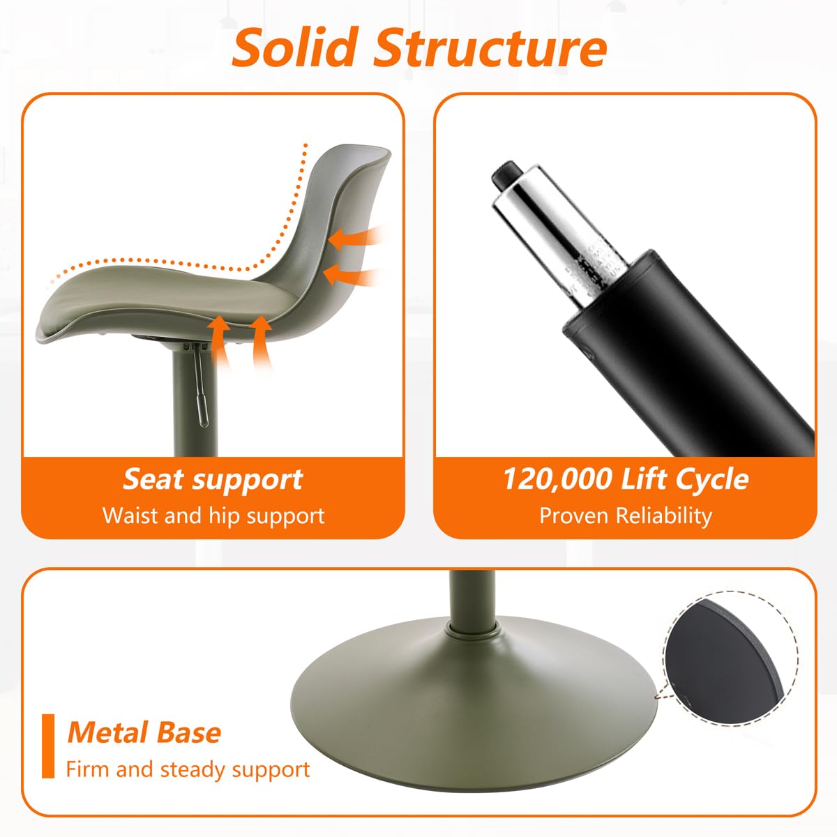Kidol & Shellder Set of 2 Adjustable Swivel Bar Stools - Modern PU Leather Upholstered Counter Height Stools with Back Metal Base for Kitchen Island Home Bar Olive Green