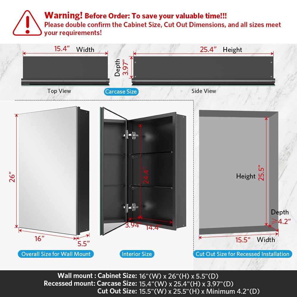 Quavikey 16"x26" Medicine Cabinet with Mirror, Recessed or Surface, Black