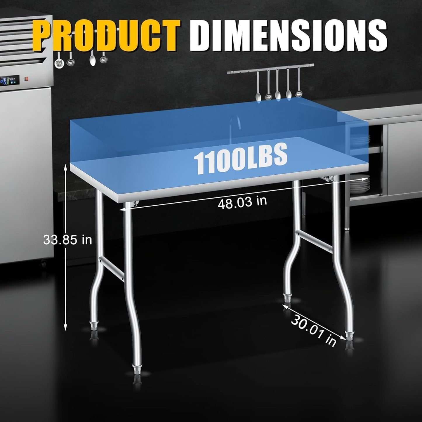 GlowSol Folding Stainless Steel Table 48 x 30 Inch, Heavy Duty Metal Foldable Prep/Work Table, 1100 LB Load Capacity, No Assembly, Portable Workbench for Kitchen, Laundry, Restaurant, Camping, Garage