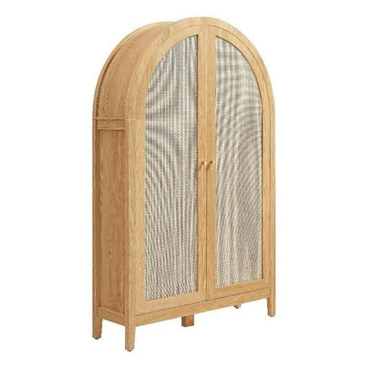 Modway Calista 63 Inch Arched Storage Cabinet with Folding Desk in Oak - Tall Faux Rattan Cabinet with Doors and Shelves for Hallways, Living Rooms or Home Office