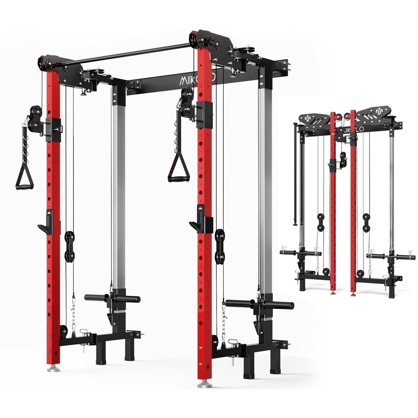 Mikolo Folding Squat Rack, Wall Mounted Power Rack with Cable Crossover Machine & LAT Pull Down, Functional Trainer with 5 Adjustable Function Modes, for Home Gym and Space Saving(Red)