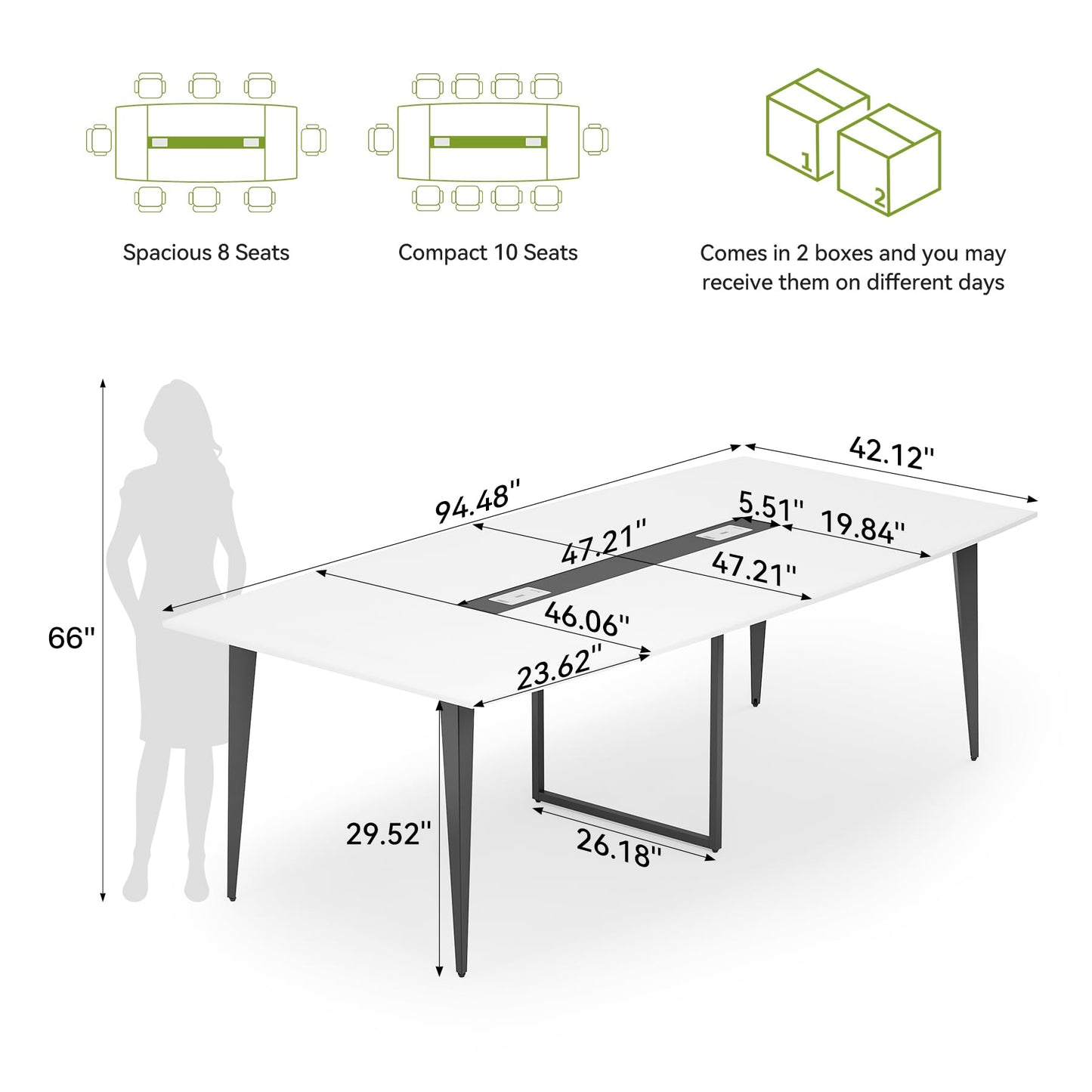LITTLE TREE 8FT Conference Room Table, 94.48L x 47.21W x 29.52H Boat Shaped Meeting Table, White&Black