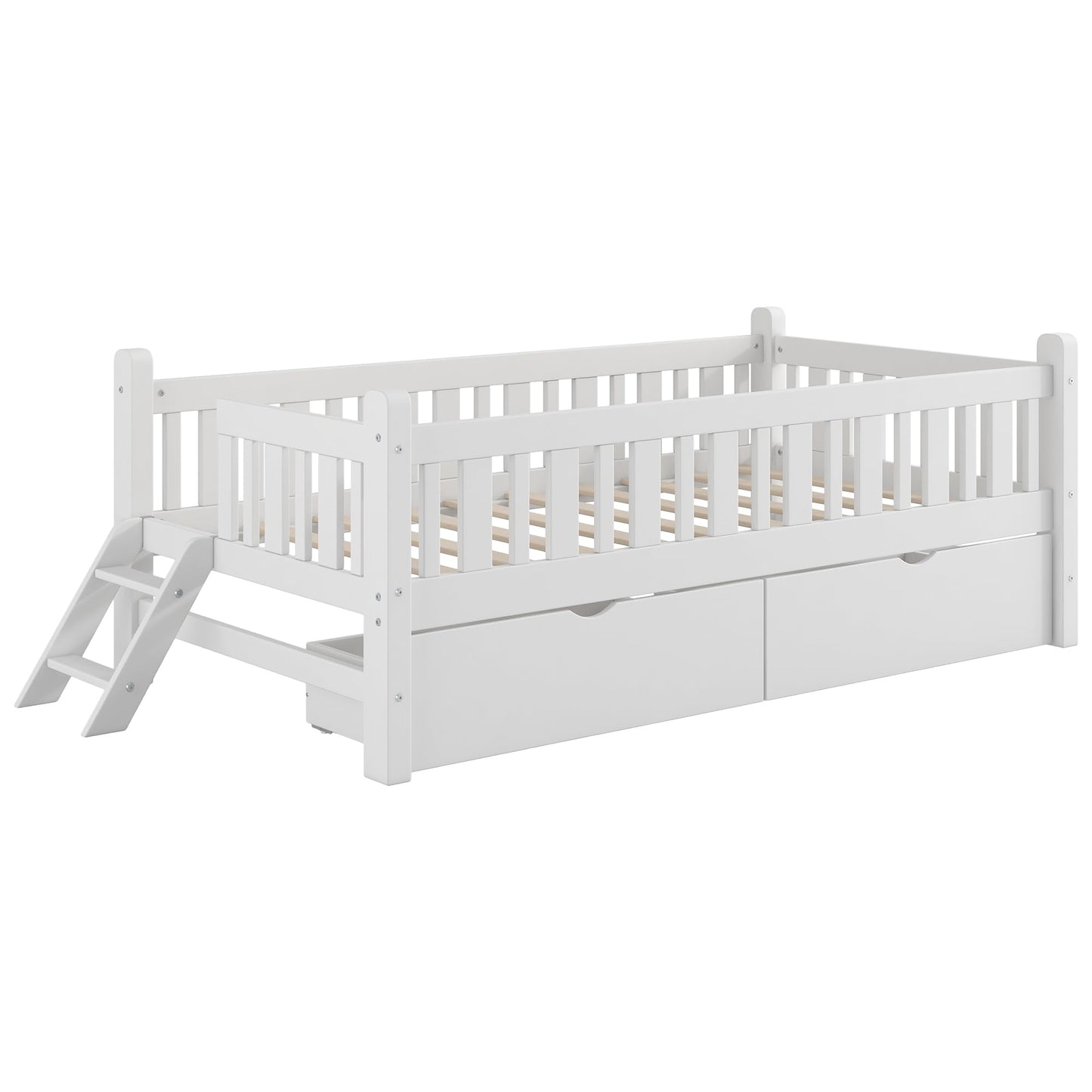 Merax Wood Twin Size Platform Bed with Guardrail and 2 Drawers, Kids Bed Frame with Stairs, White