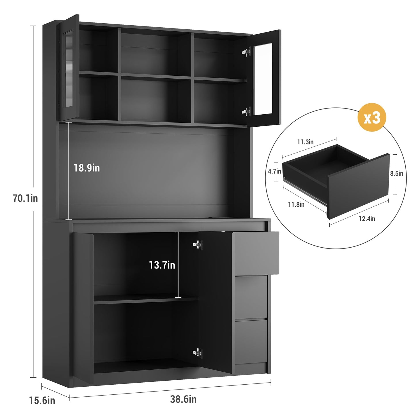 Garvee Kitchen Pantry Cabinet,71 in Tall Storage Cabinet with Doors and Shelves Adjustable, Kitchen Storage Hutch with Microwave Shelf, Led Lights and Charging Station,Corner Pantry Cabinet, Black