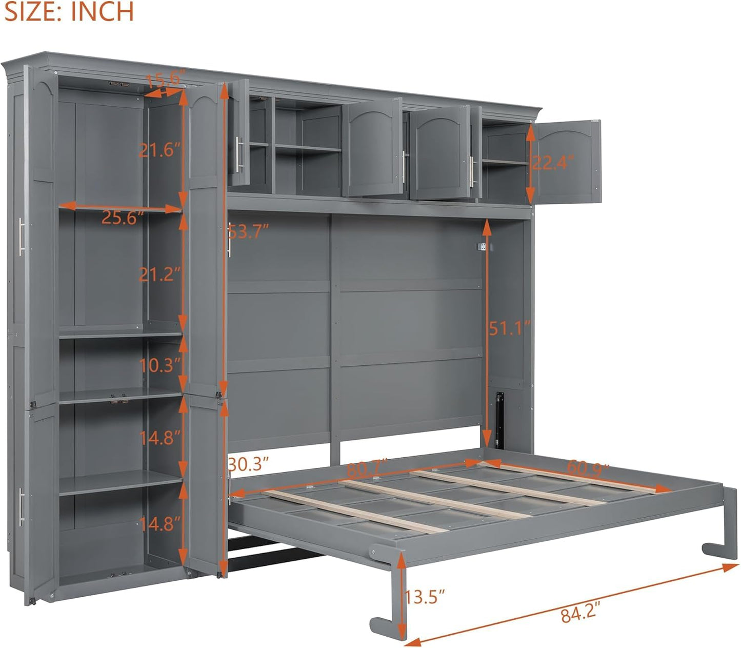 Virubi Queen Horizontal Murphy Bed Cabinet with Storage Cabinet,Wood Folding Murphy Wall Bed for Adult (Grey)