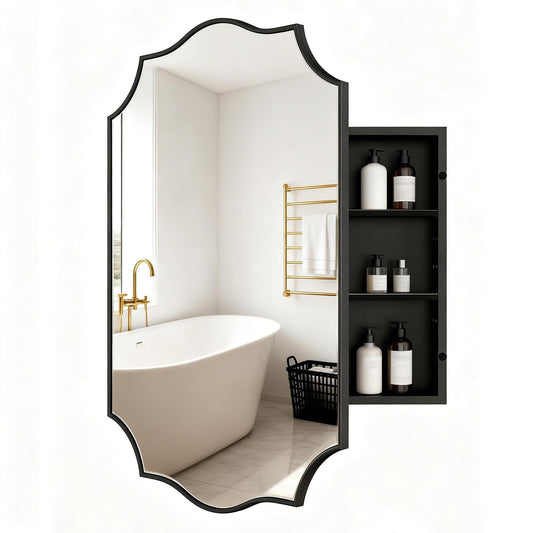 VIWILII Black Scalloped Edge Vintage Medicine Cabinet Mirror, Decorative Bathroom Storage Cabinet with 2 Adjustable Shelves, Recessed or Surface Mount (Brushed Black, 20x26)