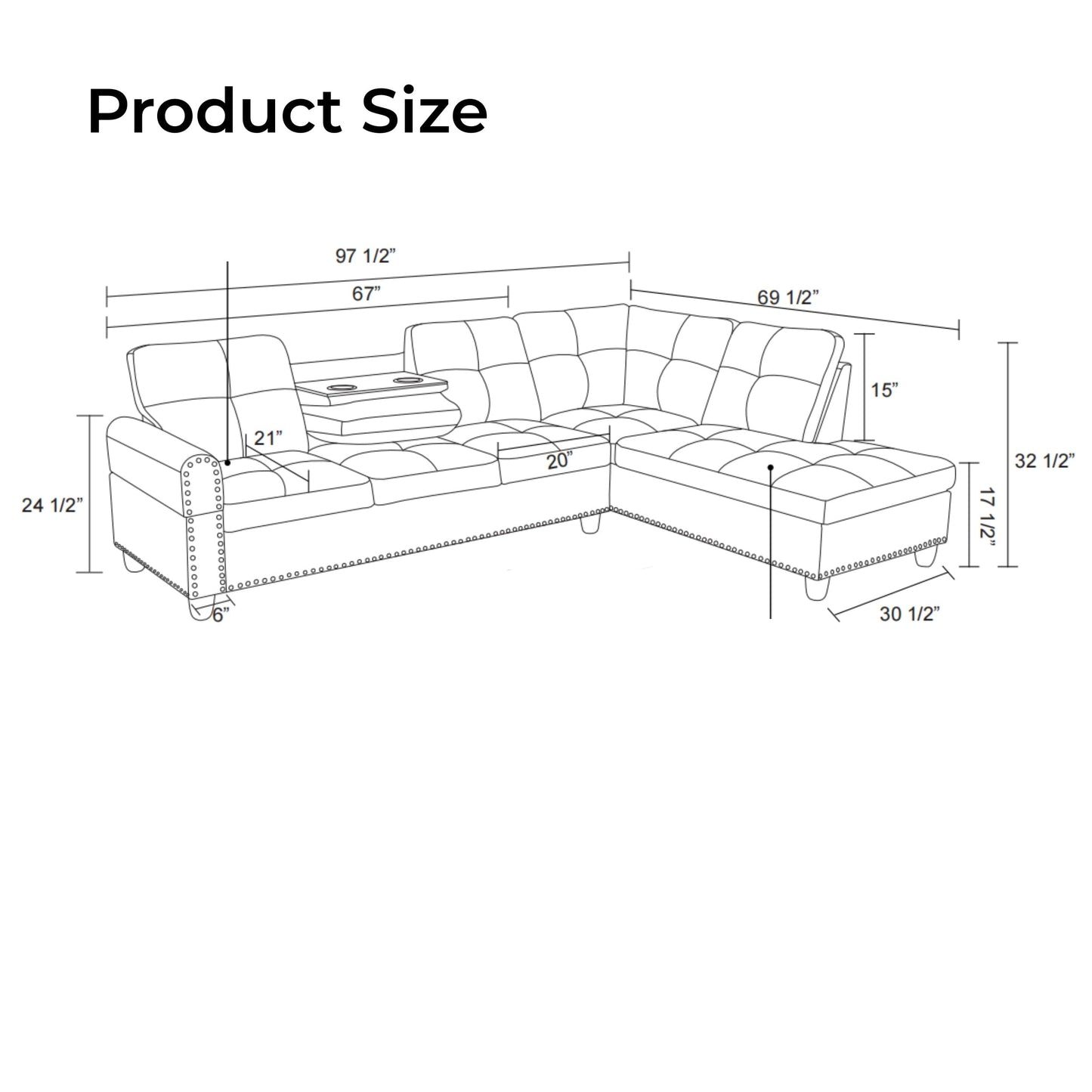 Trygoal Modern L-Shaped Leather Sectional Couch with Cup Holders, Modular Sectional Sofa for Living Room, 3 Person Faux Leather Couch Includes Chaise Lounge, Black