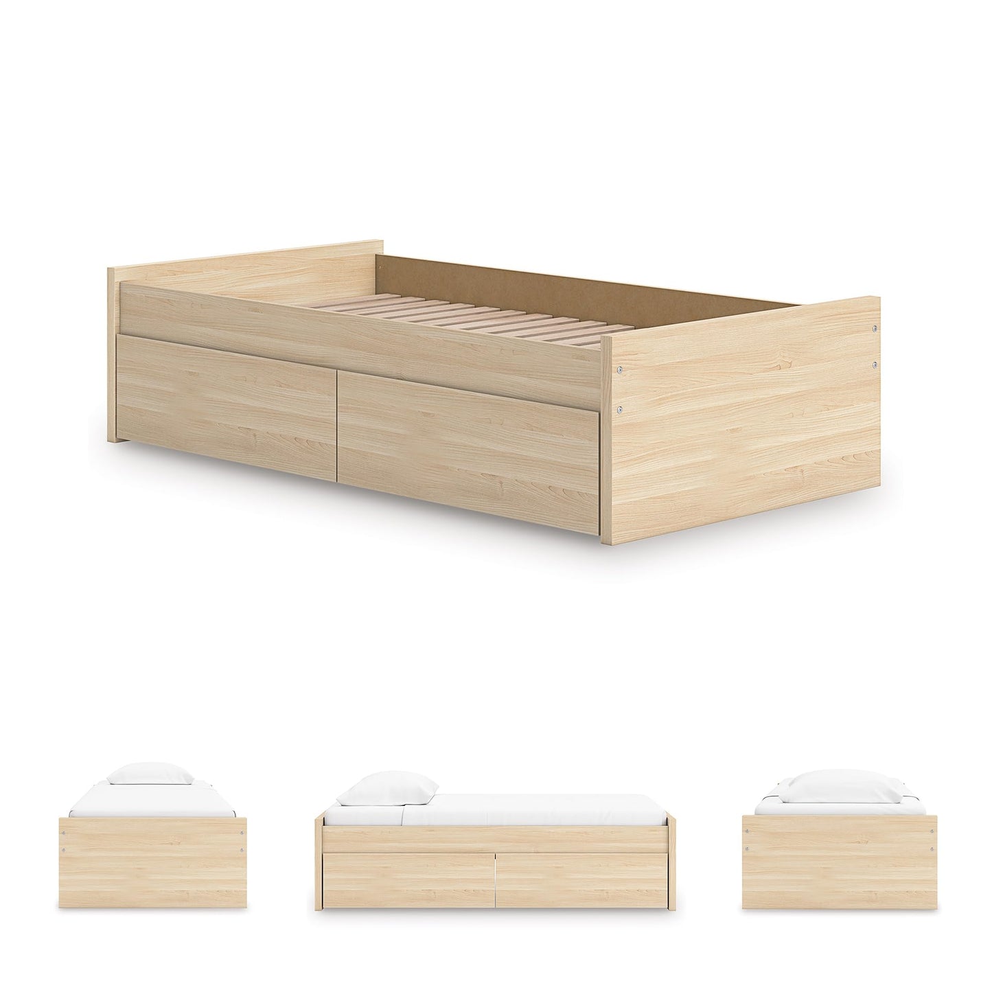 Signature Design by Ashley Onita Scandinavian 2-Drawer Twin Platform Bed with 1 Side Storage, Foundation or Box Spring Not Needed, Light Brown