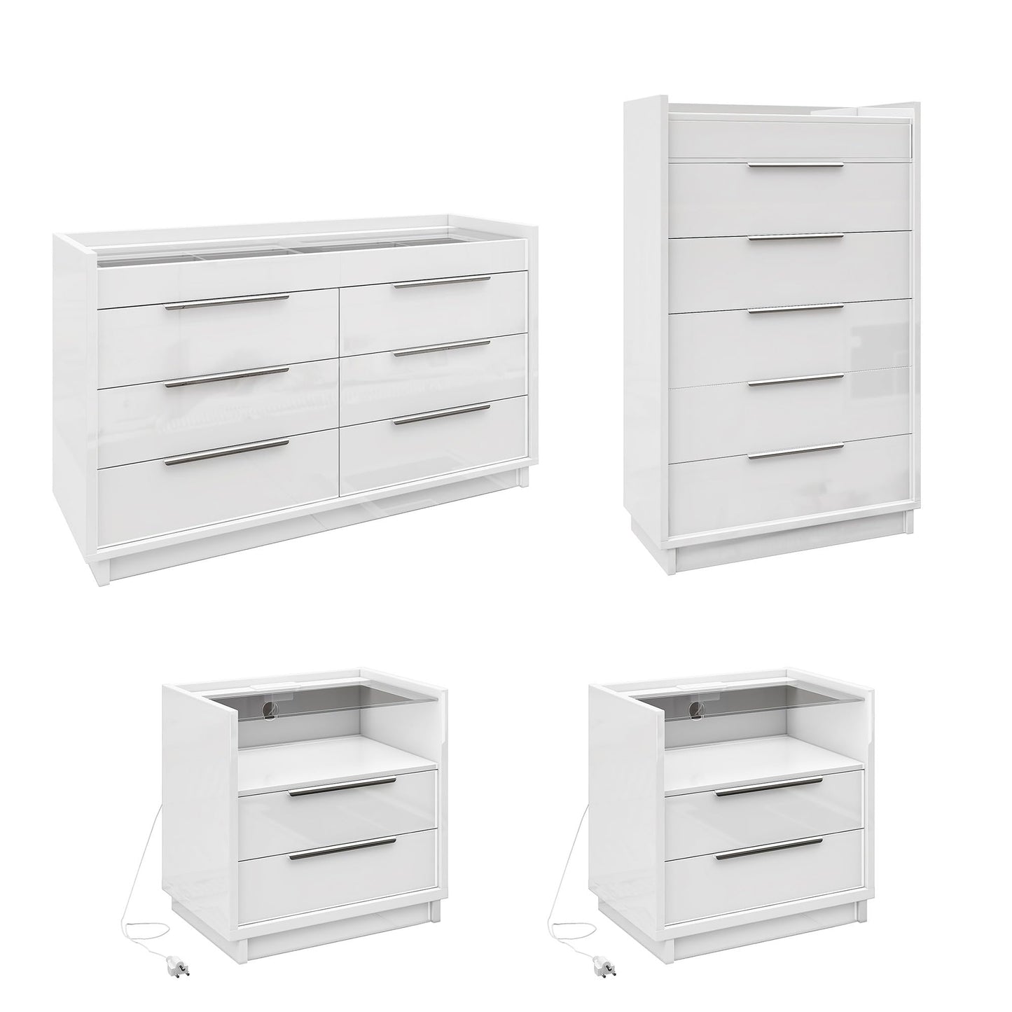 AMERLIFE 4 Piece Bedroom Furniture Set, 2 Nightstands with Charging Station, 8 Drawer Dresser with LED Light & 5 Drawer Chest, Modern High Gloss UV Finish, Bedroom Storage Organizer, White
