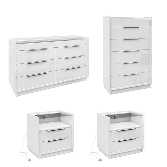 AMERLIFE 4 Piece Bedroom Furniture Set, 2 Nightstands with Charging Station, 8 Drawer Dresser with LED Light & 5 Drawer Chest, Modern High Gloss UV Finish, Bedroom Storage Organizer, White