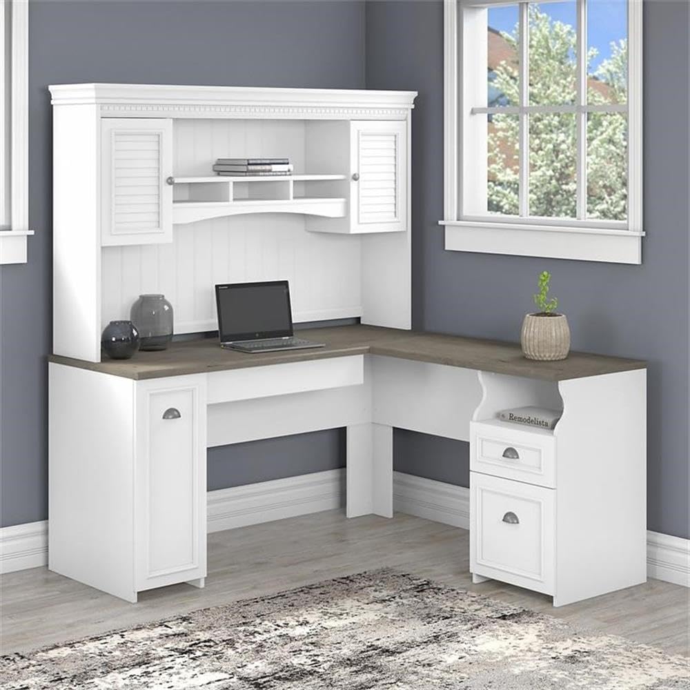 Hutch includes closed storage with framed louvered doors, three work-in-process cubby shelves and large center shelf