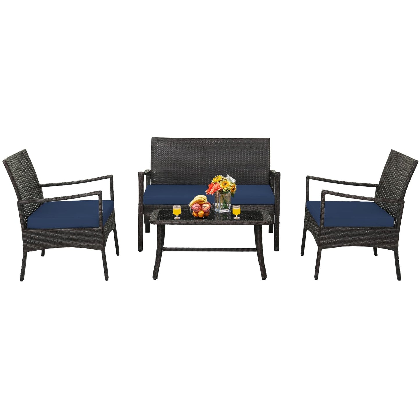 HAPPYGRILL 4-Piece Rattan Patio Conversation Set with Tempered Glass Coffee Table, Comfortable Wicker Loveseat & Chairs for Poolside, Courtyard, Balcony