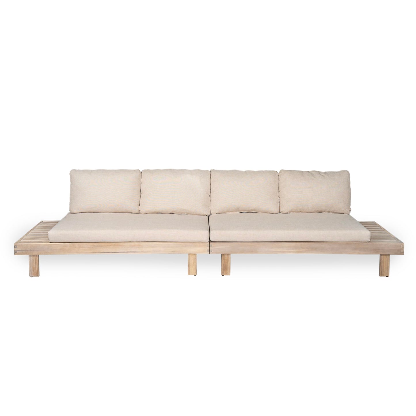 Merax 5 Piece Paito 8-Seaters Conversation Set, All-Weather Acacia Wood L-Shaped Sofa with Side Tables and 3-Seater Sofa Bed with Cushions,Outdoor Sectional Couch Set for Backyard, Light White+Sand
