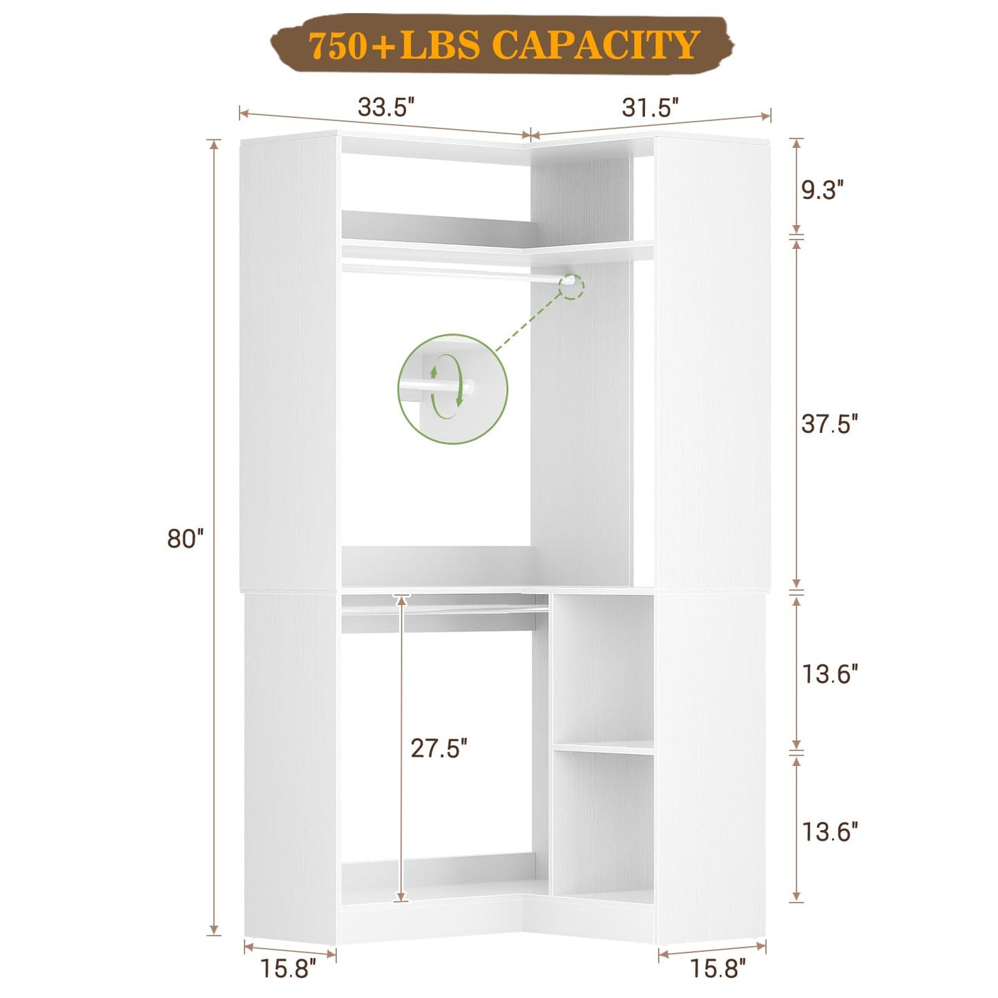 Aheaplus Corner Closet System With Shelves, 34'' Organizer With Hanging Rods, Wood Walk-in for Small Space, Freestanding Tower, L Shaped Garment Rack, White