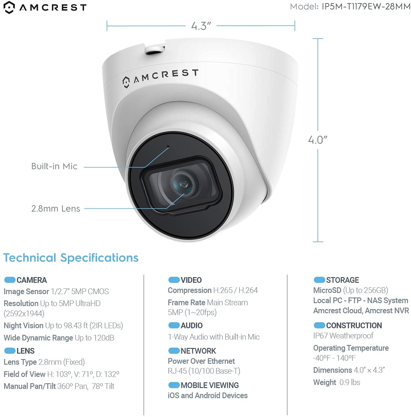 Amcrest 5MP POE Security Camera System Outdoor, 8CH POE NVR, 4pcs 5MP Turret Cameras, IP67 Metal Turret IP Cameras, Built in Mic, Pre-Installed 2TB Hard Drive, NV4108E-IP5M-T1179EW4-2TB