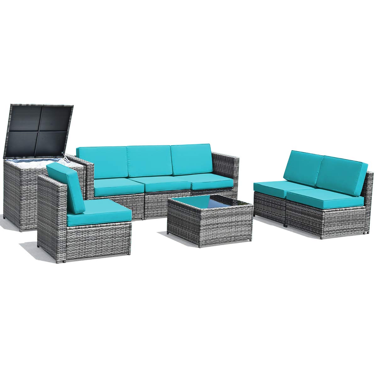Tangkula 8 Pieces Wicker Patio Furniture Set with Storage Deck Box, PE Rattan Outdoor Sectional Conversation Set with Coffee Table & Cushions, Outside Furniture for Garden Yard Poolside (Turquoise)