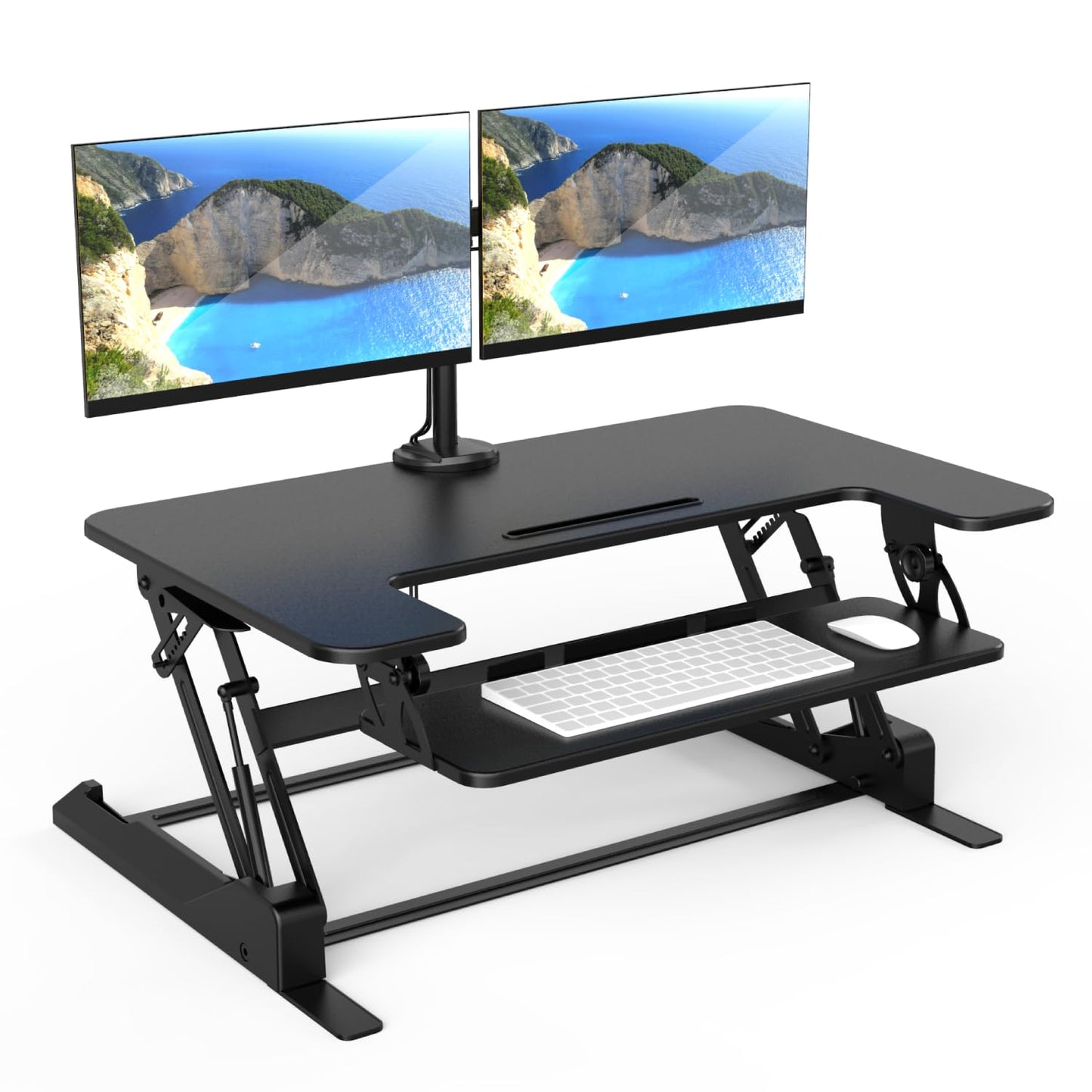 Mount-It! Standing Desk Converter Dual Monitor, 2 Screen Mounts Included, Height Adjustable Desk Riser in Black, Stand Up Desk Convertor Large 36" Wide, Sit Stand Convertor with Manual Lift Gas Spring