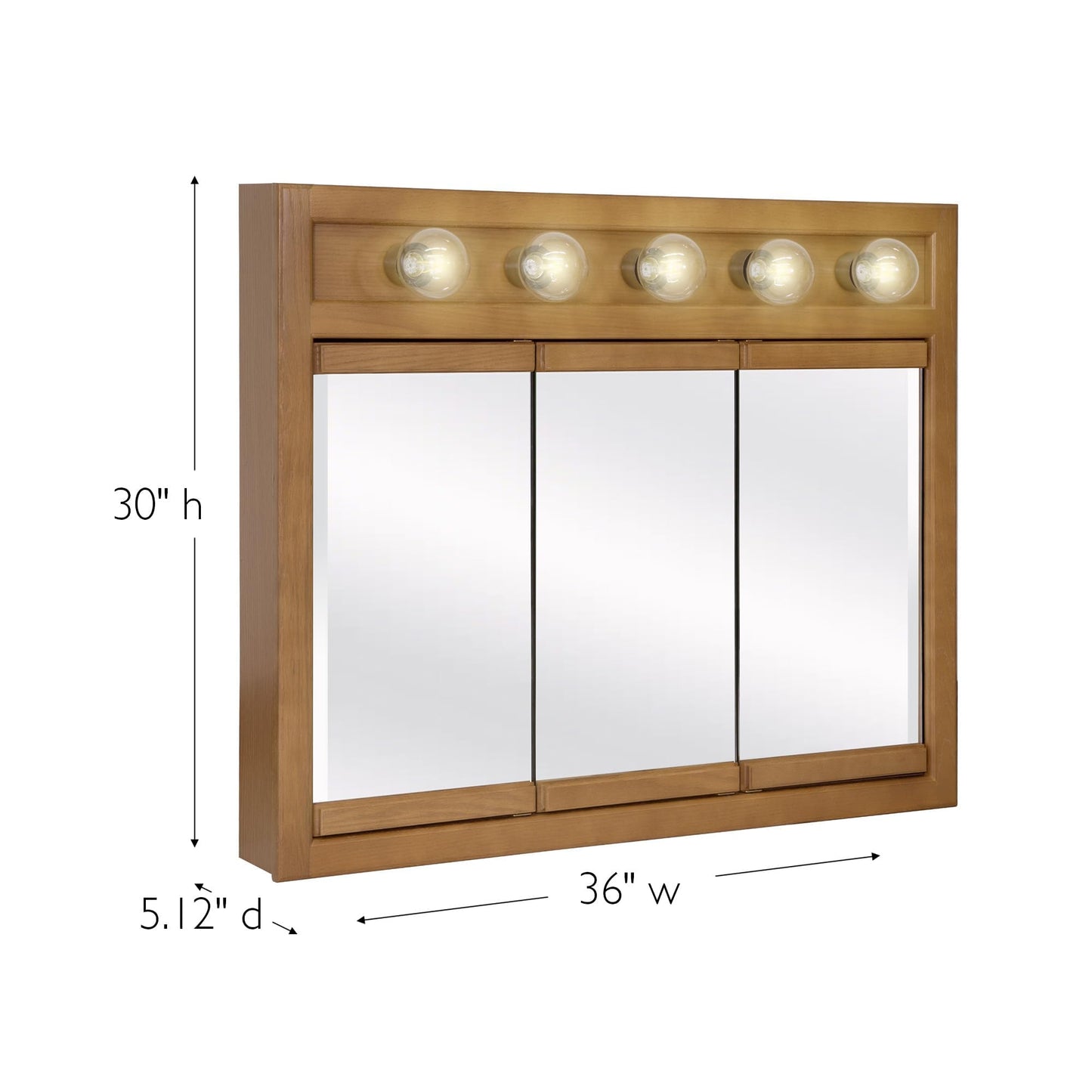 Design House Richland Medicine Cabinet with 5 Lights, Fully Assembled, Wall Mounted, 3 Mirrored Doors, Wood Frame, Oak Finish, 36 in x 5 in x 30 in, 530618-NOK