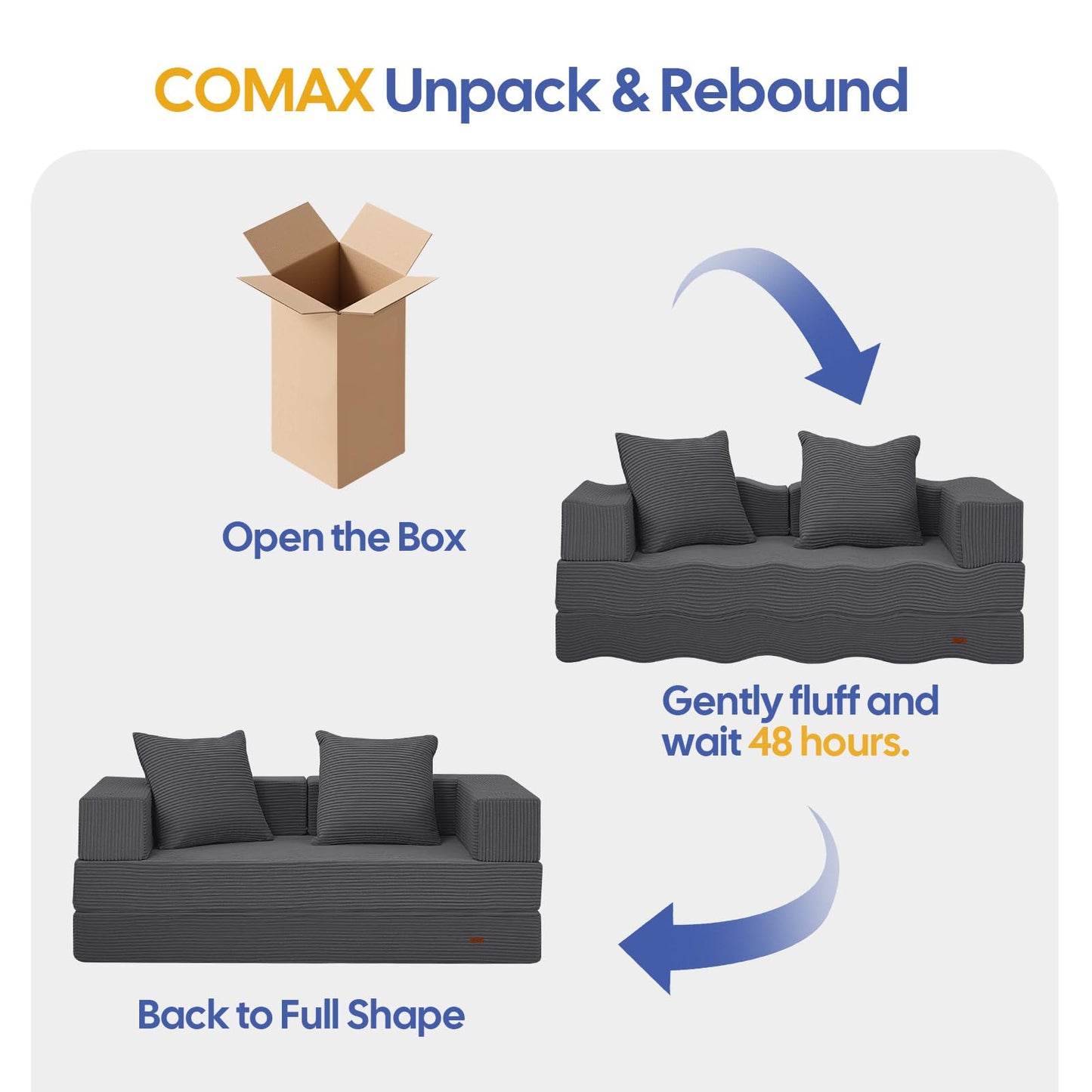 COMAX Futon Sofa Bed, 4‑in‑1 Convertible Sofa Bed, Folding Boneless Couches for Living Room, Fold Out Small Foldable Loveseat Floor Sleeper Comfy Mattress Lounge Space‑Saving, Grey