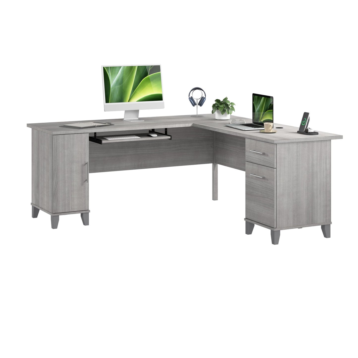 Bush Home 72-Inch L-Shaped Desk with Storage, Corner Computer Office Desk with File and Box Drawers, Home Office Workstation with Storage Cabinet, Somerset Collection, Platinum Gray