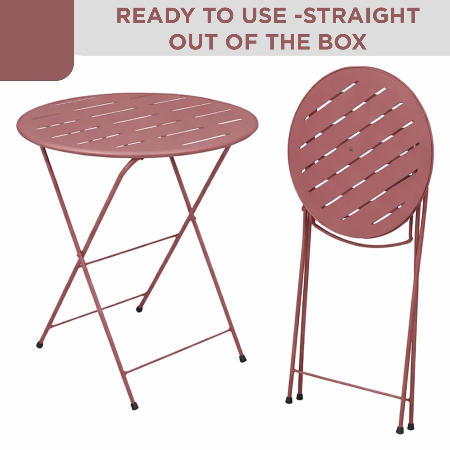 Alpine Corporation VTFAM168A-RD 3-Piece Red Metal Folding Bistro Set – 20" Round Patio Table with 2 Folding Chairs – Portable Indoor/Outdoor Balcony & Garden Furniture Set