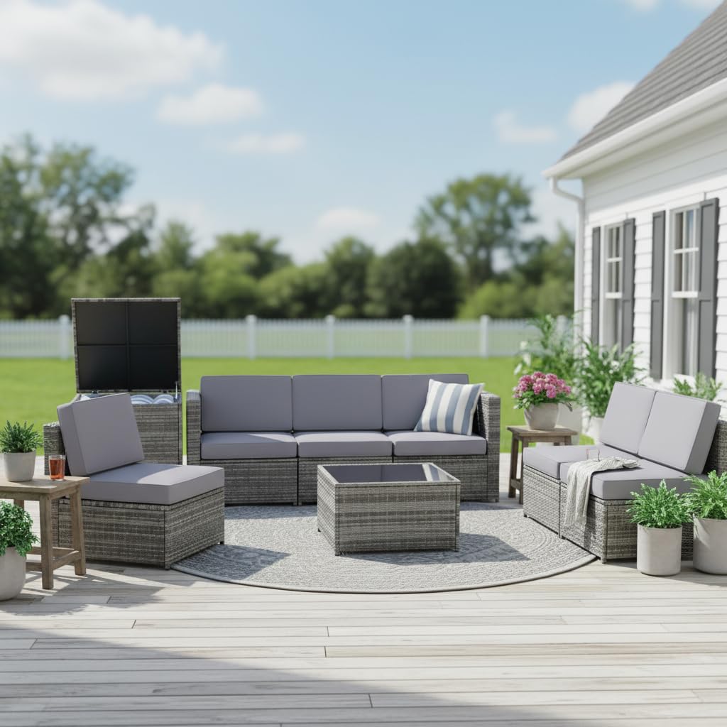 Tangkula 8 PCS Outdoor Patio Furniture Set, Rattan Wicker Sofa Set, Sectional Sofa Couch Conversation Set w/Storage Table and 12 Zippered Cushions for Garden Backyard Poolside (Grey)