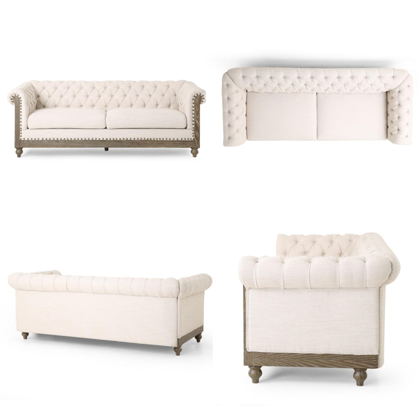 Merax Chesterfield Sofa, Retro Style Upholstered 3 Seater Rolled Arm Couch for Living Room Bedroom Office, Beige