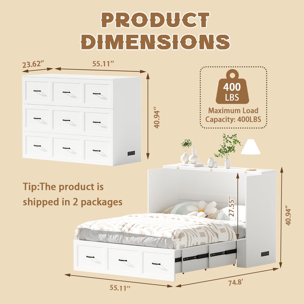 Full Size Murphy Bed Wood Wall Bed Cabinet with Large Drawer Space-Saving Hidden Foldable Platform Bed Chest Mobile Cabinet Bed Frame Storage Cabinet with USB Ports for Bedroom, Guest Room White